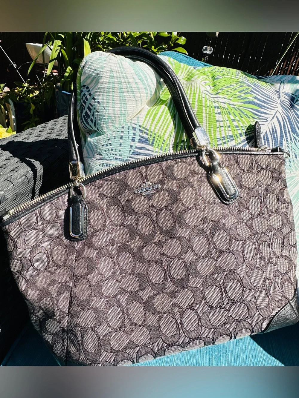 Coach Monogram Jacquard Tote with leather details - Grey and Black - Picture 1 of 6